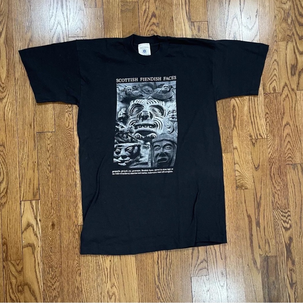 VINTAGE 90s SINGLE STITCH SCOTTISH FIENDISH FACES T SHIRT BLACK MENS SIZE S